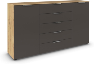 Rauch Möbel Flipp, Kommode für Schlafzimmer, Kinderzimmer, Wohnzimmer, Flur, Garderobe, 2-türig, 5 Schubladen, mit Softclose-Funktion, Farbe Eiche Artisan, Holz/Graphit, Schwarz, Breite 180 cm