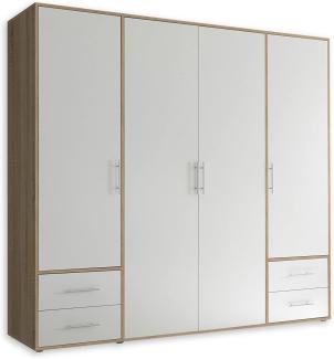 VALENCIA Kleiderschrank in Eiche Sonoma Optik, Weiß - Vielseitiger Drehtürenschrank 4-türig mit viel Stauraum für Ihr Schlafzimmer - 206 x 195 x 60 cm (B/H/T)