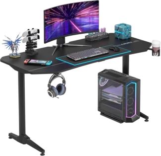 sogesfurniture Gaming Tisch T-Förmig, Großer Gaming Schreibtisch Computertisch Arbeitstisch mit Mausunterlage, Getränkehalter und Kopfhörerhaken, 160 x 70 x 75 cm, Schwarz BHEU-NE-1675