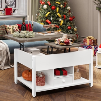 YITAHOME Couchtisch mit Anhebbarer Platte und Schubladen, 4-in-1-Multifunktions-Couchtisch mit Stauraum, Couchtisch lässt Sich in einen Esstisch für das Wohnzimmer umwandeln, Weiß&Grau
