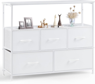 Sweetcrispy Kommode,TV Schrank Stand für Schlafzimmer mit 5 Stoffschubladen,Sideboard Wohnzimmer für 115cm TV,Einstellbare Füße Schubladenschrank,Komodenschrank für Schlafzimmer,Modernes Weiß