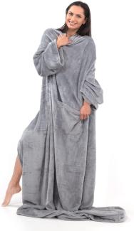 DecoKing Decke mit Ärmeln Geschenke für Frauen und Männer 150x180 cm Silber Microfaser TV Decke Kuscheldecke Weich Lazy