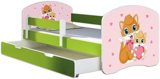 ACMA Kinderbett Jugendbett mit Einer Schublade und Matratze Grün mit Rausfallschutz Lattenrost II 140x70 160x80 180x80 (33 Miezekatzen, 180x80 + Bettkasten)