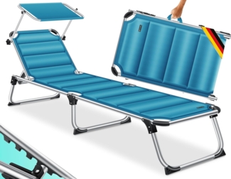 KESSER® Sonnenliege SUN mit Dach Gartenliege Liegestuhl klappbar Sonnendach Verstellbarer Rückenlehne , ergonomisch, gepolsterter Liegefläche, Aluminium Liege Gartenstuhl tragbar Strandliege Petrolblau