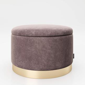 PLAYBOY - runder Pouf "SUE" gepolsterter Sitzhocker mit Stauraum, Samtstoff in Rosa, goldener Metallfuss, Retro-Design