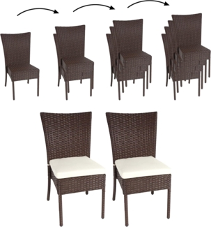 2er-Set Poly-Rattan Stuhl HWC-G19, Balkonstuhl Gartenstuhl, stapelbar ~ braun, Kissen creme