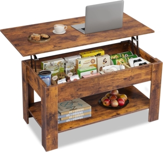 WLIVE Höhenverstellbarer Couchtisch mit Ablage, Wohnzimmertisch Rechteckig mit Offener und versteckter Stauraum, Kaffeetisch für Wohnzimmer, Schlafzimmer (Industriell, Rustikales Braun)