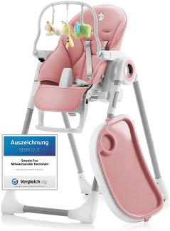 Sweety Fox - Mitwachsender Hochstuhl Baby mit Liegefunktion, Verstellbar & Klappbar - Rosa - Höhe 7-fach Rückenlehne 5-fach verstellbar, Abnehmbares Tablett mit Teller, Kinderhochstuhl