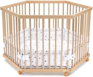 FabiMax Baby Laufgitter 6-eck, stufenlos höhenverstellbar, mit Schlupfsprossen, Laufstall aus massivem Buchenholz (Graue Sterne)