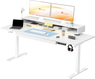 GTPLAYER Schreibtisch Höhenverstellbarer Schreibtisch Elektrischer, 120x60cm Gaming tisch, mit USB-Ladeanschluss und Steckdose, Schubladen, Monitorständer, LED