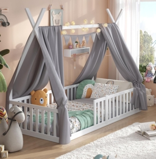 Alavya Home® Kinderbett Bodenbett SKY SET aus Buche – FSC® 100%, Deko & Matratze (Hausbett 90x200 cm SET mit Decoration Grau, Matratze, Rausfallschutz & Lattenrost Kinderbett 90x200), bodentiefes Jugendbett weiß massiv BUCHE für Junge Mädchen