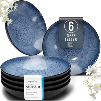 Steingut Suppenteller 6 Personen Ibiza TESTSIEGER, Traumhaftes Mediterranes Steingut Tiefe Teller Set, Pasta Teller Tief Groß - Pure Living in Tiefblau
