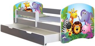 ACMA Kinderbett Jugendbett mit Einer Schublade und Matratze Grau mit Rausfallschutz Lattenrost II (01 Zoo, 160x80 + Bettkasten)