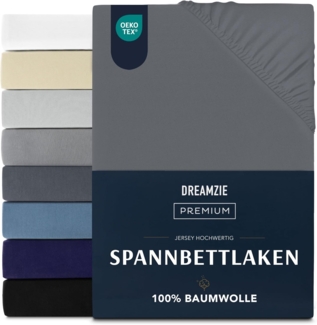 Dreamzie Premium Spannbettlaken 160x200 cm, Spannbetttuch für Dicke Matratzen bis zu 27 cm, Bettlaken 100% Jersey Baumwolle, 150 g/m², Oeko-TEX Zertifiziert - Dunkelgrau
