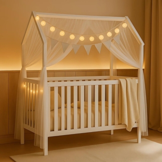 Alavya Home® Komplettbett ELLA 60x120 cm SET mit Deko & Lichterkette aus Massivholz Kiefer Weiß, Höhenverstellbar im Hausdesign mit Schlupfsprossen optionaler Matratze