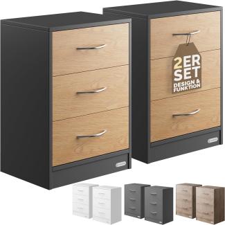 Casaria Nachttisch 2er Set mit 3 Schubladen 54x39x28cm Kabelführung Wandbefestigung Bett Schlafzimmer Nachtschrank Nachtkonsole Nachtkommode Holz Grau