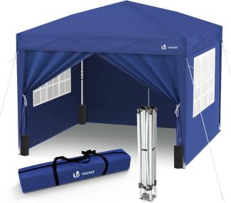 VOUNOT Pavillon 3x3m mit 4 Seitenteilen & 4 Sandsäcke, Pop Up Faltpavillon, Faltbar Gartenzelt Partyzelt, inkl. Tasche, Blau