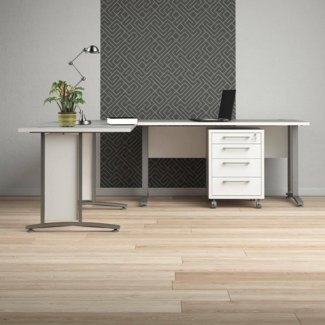 Dmora - Schreibtisch Myriam, Mehrzweckschreibtisch, Bürotisch für PC, Eckschreibtisch, 230x200 h75 cm, Weiß und Grau