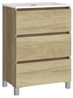 Baikal Badmöbel-Set LESI bestehend aus Möbel mit Füßen und Keramikwaschbecken, DREI Schubladen, Melamin 16 mm, montiertes Möbelstück, Tiefe 39 cm, 60 cm Nature