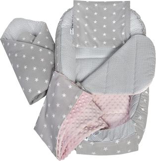 Medi Partners 5 teilig Babynestchen Set Babynest 100 x 60 x 15 herausnehmbarer Einsatz Bett Kuschelnest Krabbeldecke Babys Neugeborene 100% Baumwolle (graue Sternen mit Hellrosa Minky)