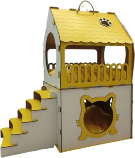 Jungengel Katzenliege 2-stöckiges Katzenhaus mit Treppe & Fenster aus Holz, Gelb-Weiß, Gelb-weißes Design, mit Treppe, Fenster, Balkon & Katzenmotiv
