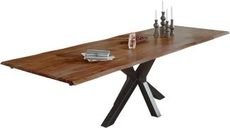 SAM Baumkantentisch 200 (300) x 100 cm Spencer, Akazienholz nussbaumfarben & massiv, Esszimmertisch mit 2 Ansteckplatten, Mattschwarzes Spider-Metallgestell, Platte 35mm