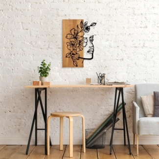 dekoratives Wandaccessoire aus Holz, 'Woman Floral Face', 58 x 3 x 41, Nussbaum, Schwarz