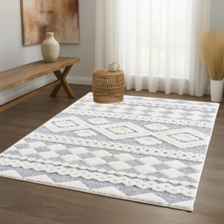 Teppich Wohnzimmer - Hochflor - Boho - Pastell Cream Grau - 80x150cm - Einfarbig - Modern Raute Meliert Muster - Skandinavisch Flauschig Weich - Wohnteppich Schlafzimmer Dekoration