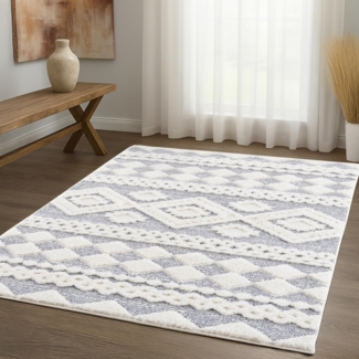 Teppich Wohnzimmer - Hochflor - Boho - Pastell Cream Grau - 80x150cm - Einfarbig - Modern Raute Meliert Muster - Skandinavisch Flauschig Weich - Wohnteppich Schlafzimmer Dekoration
