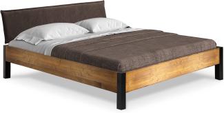 Möbel-Eins CURBY Bett Metallfuß, mit Polsterkopfteil, Material Massivholz, rustikale Altholzoptik, Fichte vintage 140x200 cm Stoff Braun ohne Steppung