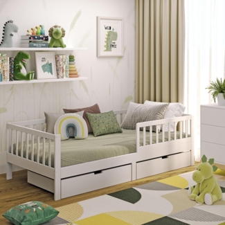 CADANI Kinderbett Nik (Rausfallschutz abnehmbar), Klassik Jugendbett mit Roll-Lattenrost