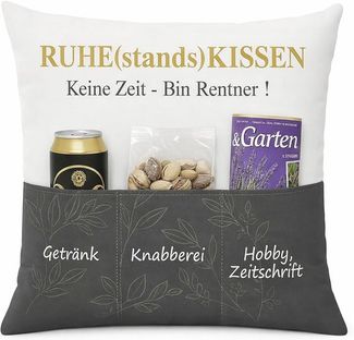 Kamaca Originelles Dekokissen Kissen mit 3 Taschen zum selber Befüllen Größe 43x43 cm tolles Geschenk für EIN gelungenen Sofaabend Filmabend (Ruhestandskissen)