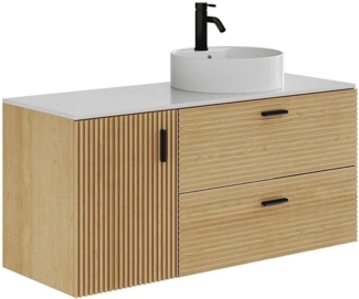 Vente-unique - Badezimmermöbel geriffelt hängend mit Aufsatzwaschbecken rund - 1 Tür und 2 Schubladen - Natur hell - 120 cm - SARONE