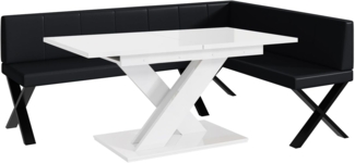 MEBLINI Eckbank für Esszimmer mit ausziehbarem Tisch - Küchenbank - Essecke - Sitzecke Küche - PETER - X-Beine 142x196x87cm Rechts - Schwarz Kunstleder/B Weiß Hochgl.