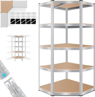 MASKO® Eckregal Lagerregal Schwerlastregal, Kellerregal, 180x75x40cm , bis 875 kg, 5 verstellbare Ablagen, MDF-Platten Regal aus Metall, Steckregal, Werkstattregal, Keller, Garage Silber