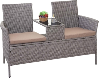 Poly-Rattan Sitzbank mit Tisch HWC-E24, Gartenbank Sitzgruppe Gartensofa, 132cm ~ grau, Kissen creme