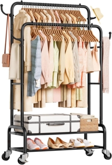 Yorbay Kleiderständer Doppelstange Garderobenständer auf Rollen, mit 2 Ablage, Schwarz, Groß Clothes Rack aus Metall bis 120 kg Belastbar, 90 cm Breit
