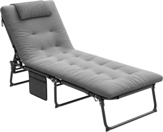 Outsunny Gartenliege Feldbett, Campingbett mit Seitentasche, Kopfkissen, Campingliege, 1 St, Klappbett, für Garten, Balkon, bis 120 kg, Grau