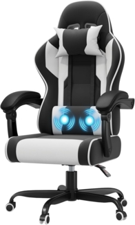 JUMMICO Gaming Stuhl mit Massagefunktion, Bürostuhl Ergonomisch 150kg, Gamer Stuhl mit 50 cm Extrabreites Sitzkissen, Weiß Schwarz