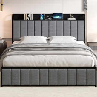VECELO Bettrahmen 140x200 cm mit Ladestation und Stauraum, Polsterbett Doppelbett Metallbett mit Kopfteil und Lattenrost für Schlafzimmer Gästezimmer, Grau