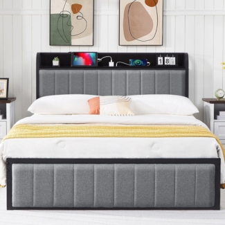 VECELO Bettrahmen 140x200 cm mit Ladestation und Stauraum, Polsterbett Doppelbett Metallbett mit Kopfteil und Lattenrost für Schlafzimmer Gästezimmer, Grau