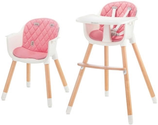 Kinderkraft 'Sienna' Kinderhochstuhl 2 in 1 Pink, Beine aus Holz, 5-Punkt-Gurt, Fußstütze, rutschfeste Stuhlbeinkappen inkl. abnehmbares Essbrett