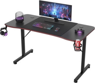 JUMMICO Groß Gaming Tisch 140cm, Gaming Schreibtisch PC Computertisch Ergonomischer Gamer Tisch zocker Tisch mit Kabelführungsfach, Kopfhörerhaken und Getränkehalter, 140x60 cm, Schwarz