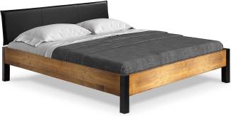 Möbel-Eins CURBY Bett Metallfuß, mit Polsterkopfteil, Material Massivholz, rustikale Altholzoptik, Fichte vintage 120x200 cm Kunstleder Schwarz ohne Steppung