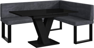 MEBLINI Eckbank für Esszimmer mit ausziehbarem Tisch - Küchenbank - Essecke - Sitzecke Küche - TONI - U-Beine 128x168x87cm Rechts - Dunkelgrau Samt/M Schwarz Hochgl.