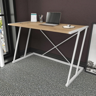 Modern Study Desk, White & Oak, 114 x 60 x 75 cm | 100% Melamine Coated Particle Board, 18 mm Thick | Sturdy Metal Frame, Ideal for Home & Hotel Use