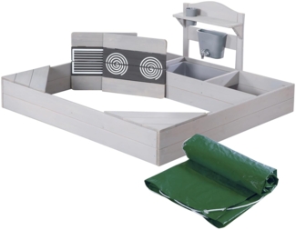 roba Sandkasten aus Holz inkl. Matschküche & Abdeckplane - Sandkiste mit Spielwanne & bedruckten Herdplatten - Wetterfestes Holz grau lasiert