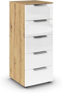 Rauch Möbel Flipp, schmale Hochkommode mit viel Stauraum für Flur, Wohnzimmer, Schlafzimmer, Eiche Artisan/Glasfront Weiß, 5 Schubkästen, Griffe chrom, 40 x 100 x 42 cm