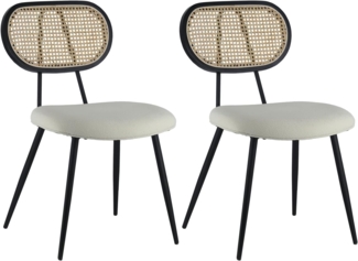 Happy Garden Vintage-Esszimmerstuhl Elena aus Rohrgeflecht und ungebleichtem Schlingenstoff, Schwarze Metallbeine