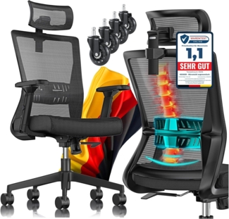 KESSER® Bürostuhl mit verstellbaren Armlehnen | Drehstuhl mit Lendenwirbelstütze Rückenschonend | Schreibtischstuhl ergonomisch mit Kopfstütze | Office Chair Wippfunktion bis 125° mit 5x Gummirollen Schwarz / Schwarz